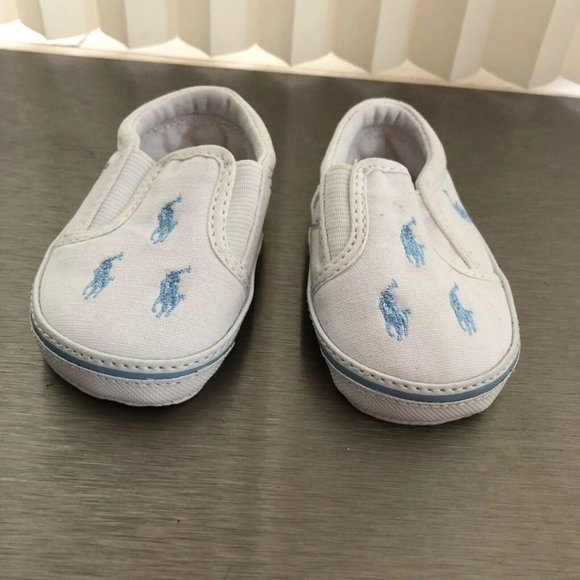 Ralph Lauren Other - Ralph Lauren Baby Boy Canvas Shoes Slip On White Light Blue Logo Size 2